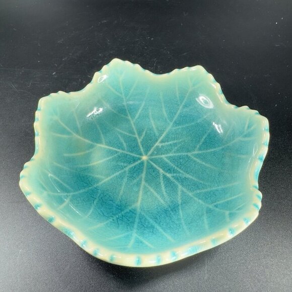 Vintage Japanese Ceramic Leaf Dish Plate Turquoise Crackle Glaze Spoon Rest VTG - Picture 7 of 12